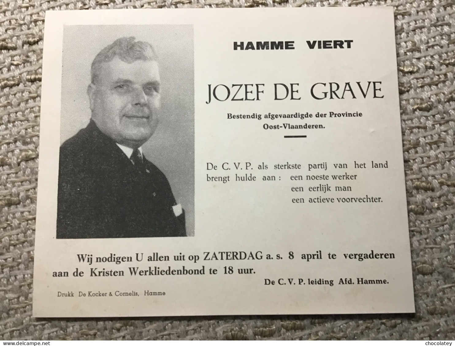 Hamme Viert Jozef De Grave C V P Kristen Werkliedenbond 1969 - Autres & Non Classés