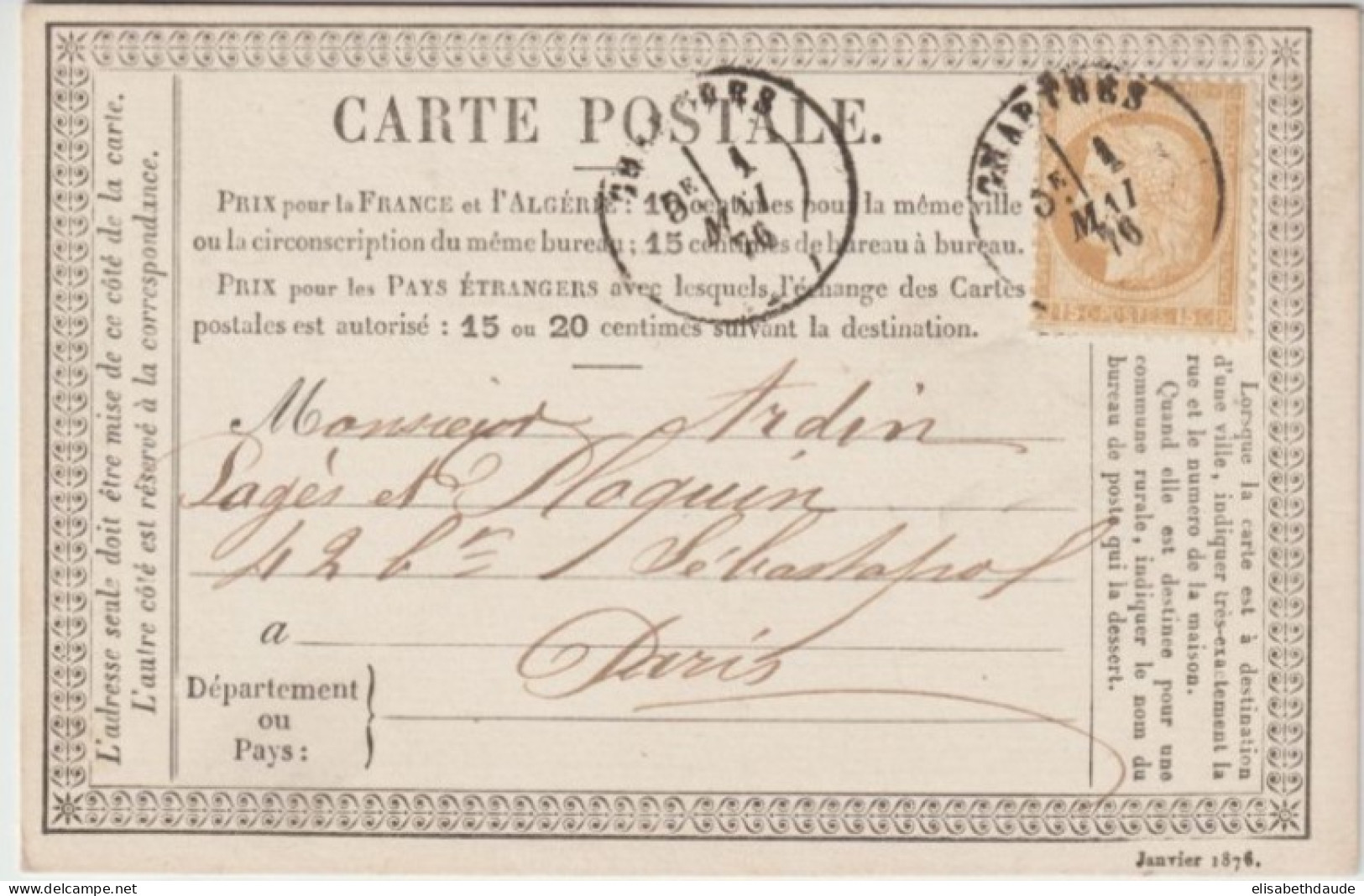 1876 - ETIQUETTE COMMERCIALE ! CP PRECURSEUR CERES "MERCERIE MOREAU" à CHARTRES (EURE ET LOIR) => PARIS - Cartoline Precursori
