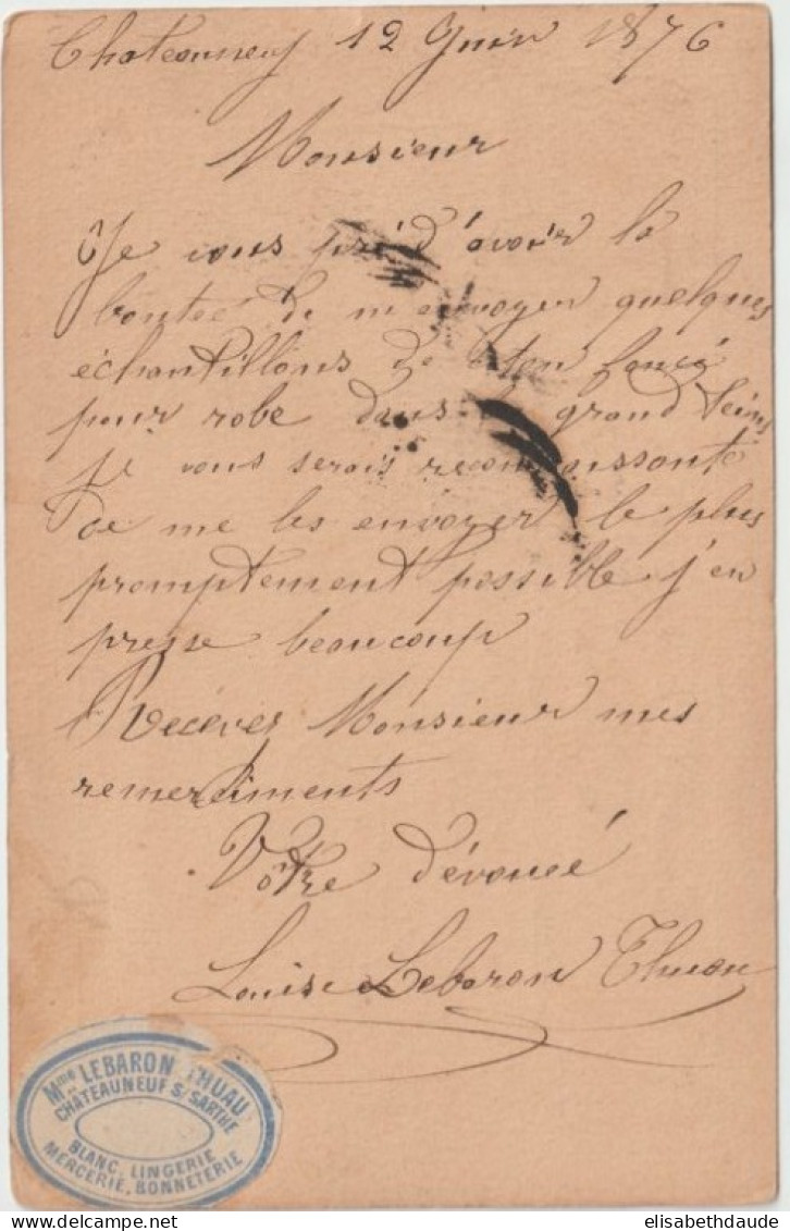 1876 - ETIQUETTE COMMERCIALE ! CP PRECURSEUR CERES "MERCERIE LEBARON" à CHATEAUNEUF SUR SARTHE => LE MANS - Cartes Précurseurs