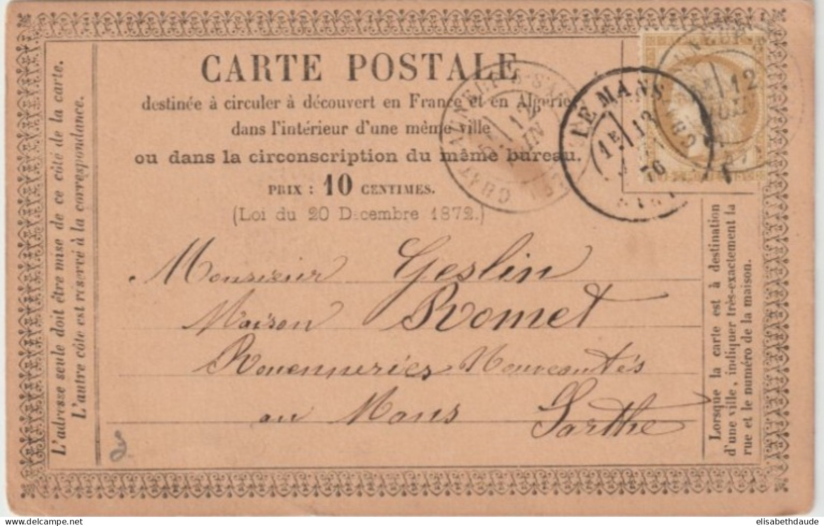 1876 - ETIQUETTE COMMERCIALE ! CP PRECURSEUR CERES "MERCERIE LEBARON" à CHATEAUNEUF SUR SARTHE => LE MANS - Cartes Précurseurs