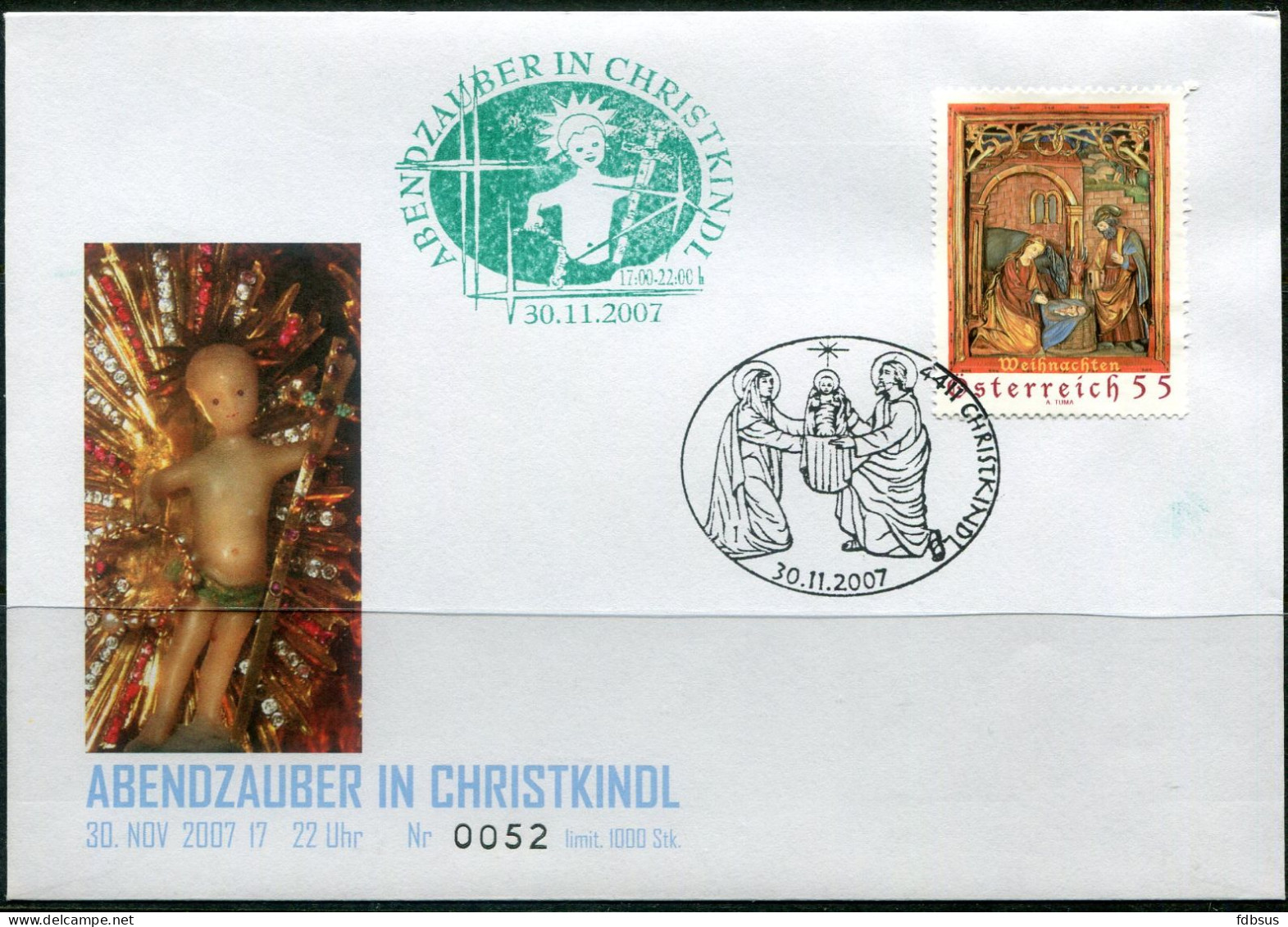 30-11-2007 Christkindl Cover Nr 52/1000  Noel Christmas Navidad Weihnachten - See Sonderstempel And Briefmarken - - Briefe U. Dokumente