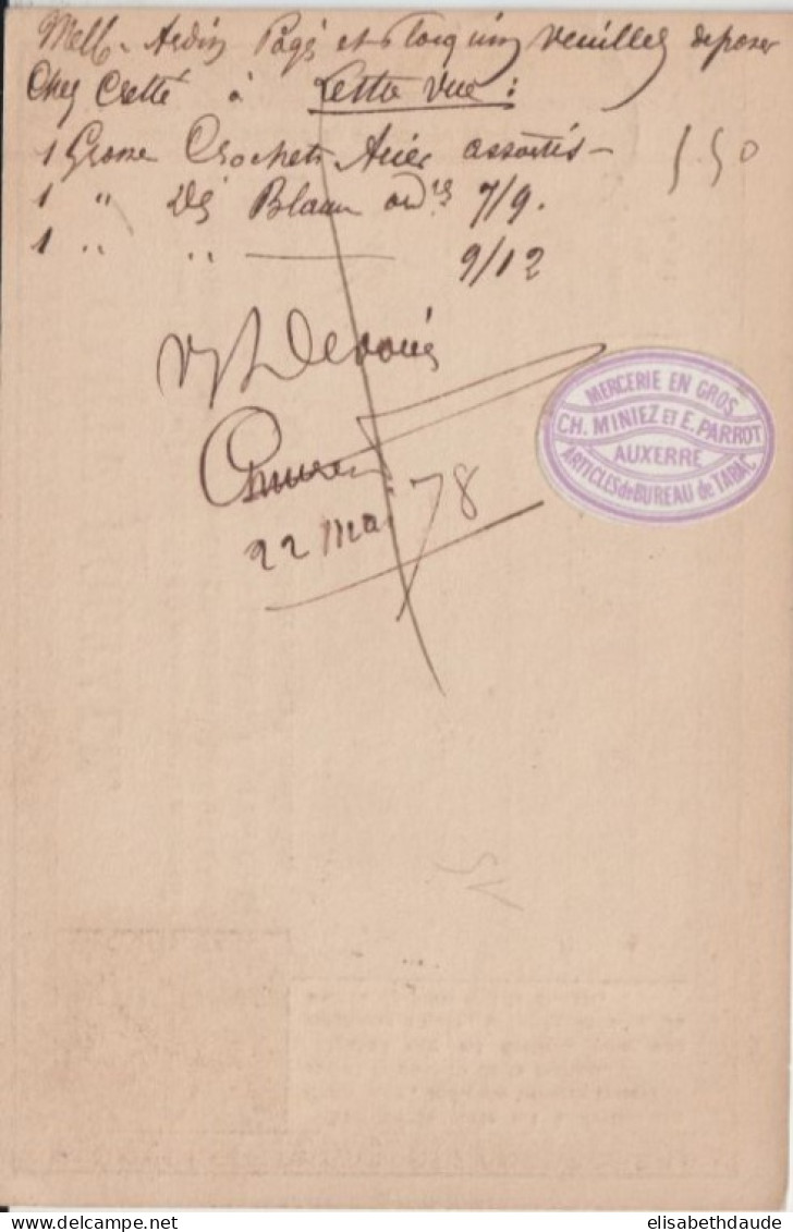 1878 - ETIQUETTE COMMERCIALE ! CP PRECURSEUR SAGE "MERCERIE MINIEZ" à AUXERRE YONNE => PARIS - Voorloper Kaarten