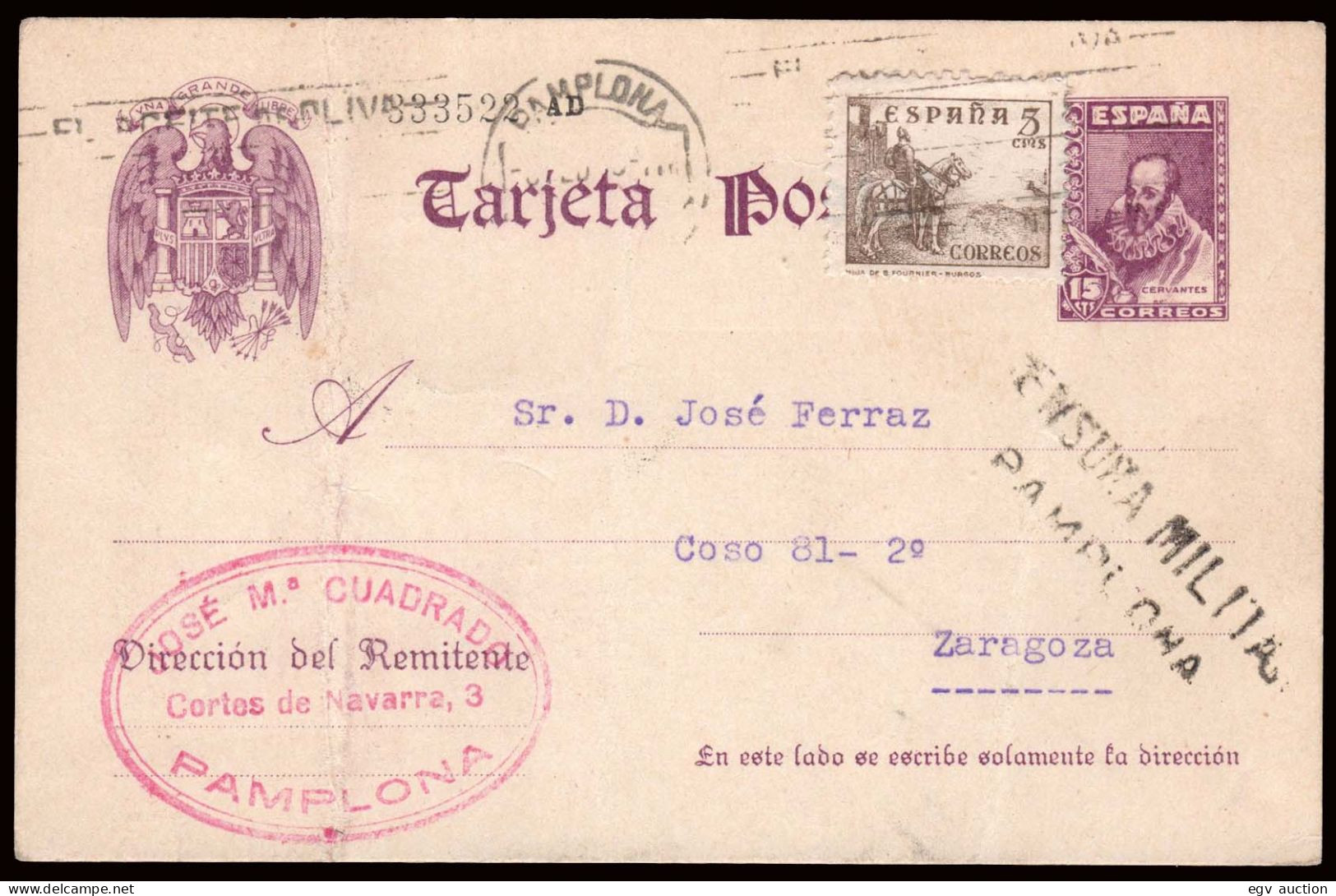Navarra - Guerra Civil - Edi O EP 82+816A - Entero Postal Mat Rodillo "Pamplona 06/02/39" + Censura - 1931-....