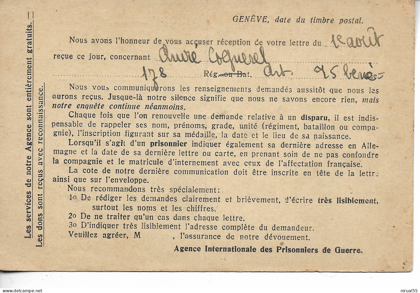 14 18 CROIX ROUGE GENEVE 3 Cartes Différentes Information Prisonnier De Guerre Français Texte Au Verso    ...G - Croix-Rouge