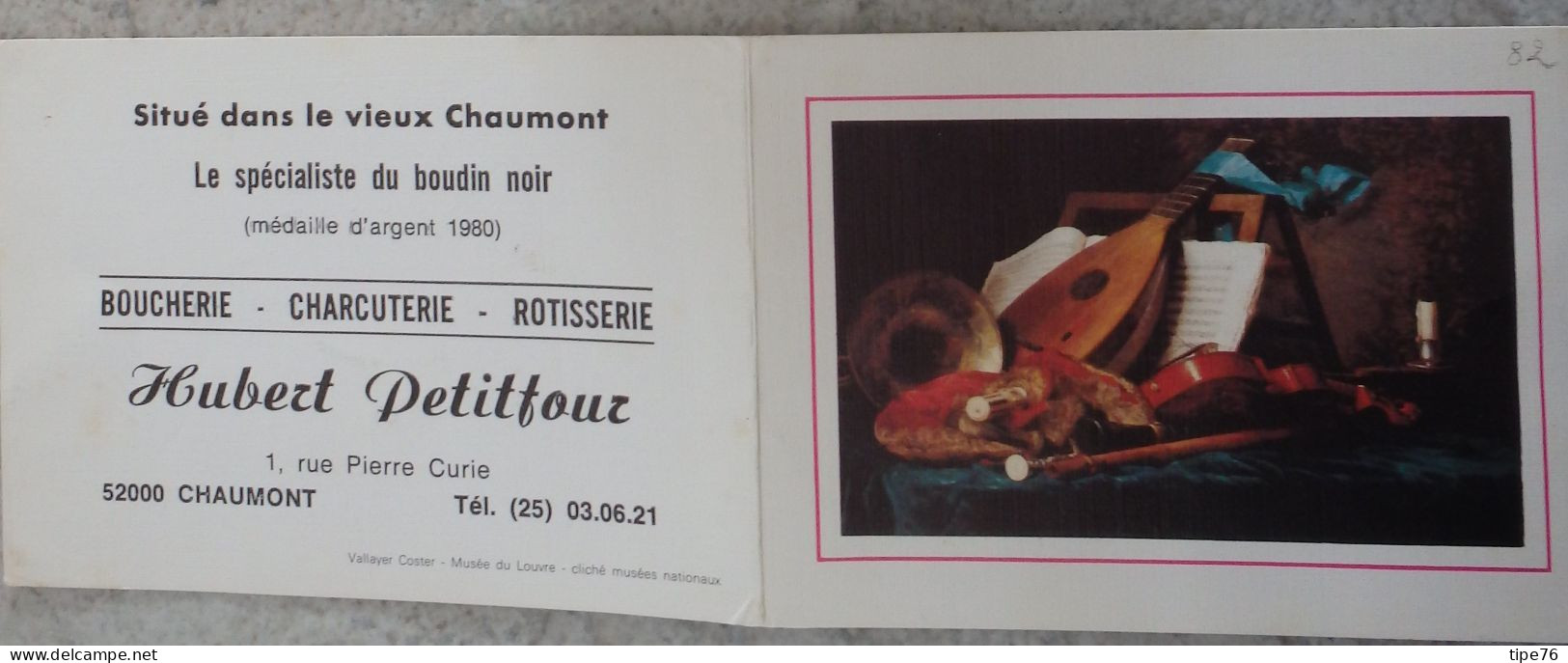 Petit Calendrier De Poche 1982 Peinture Vallayer Coster Instruments De Musique - Chaumont Rue Pierre Curie Haute Marne - Petit Format : 1981-90
