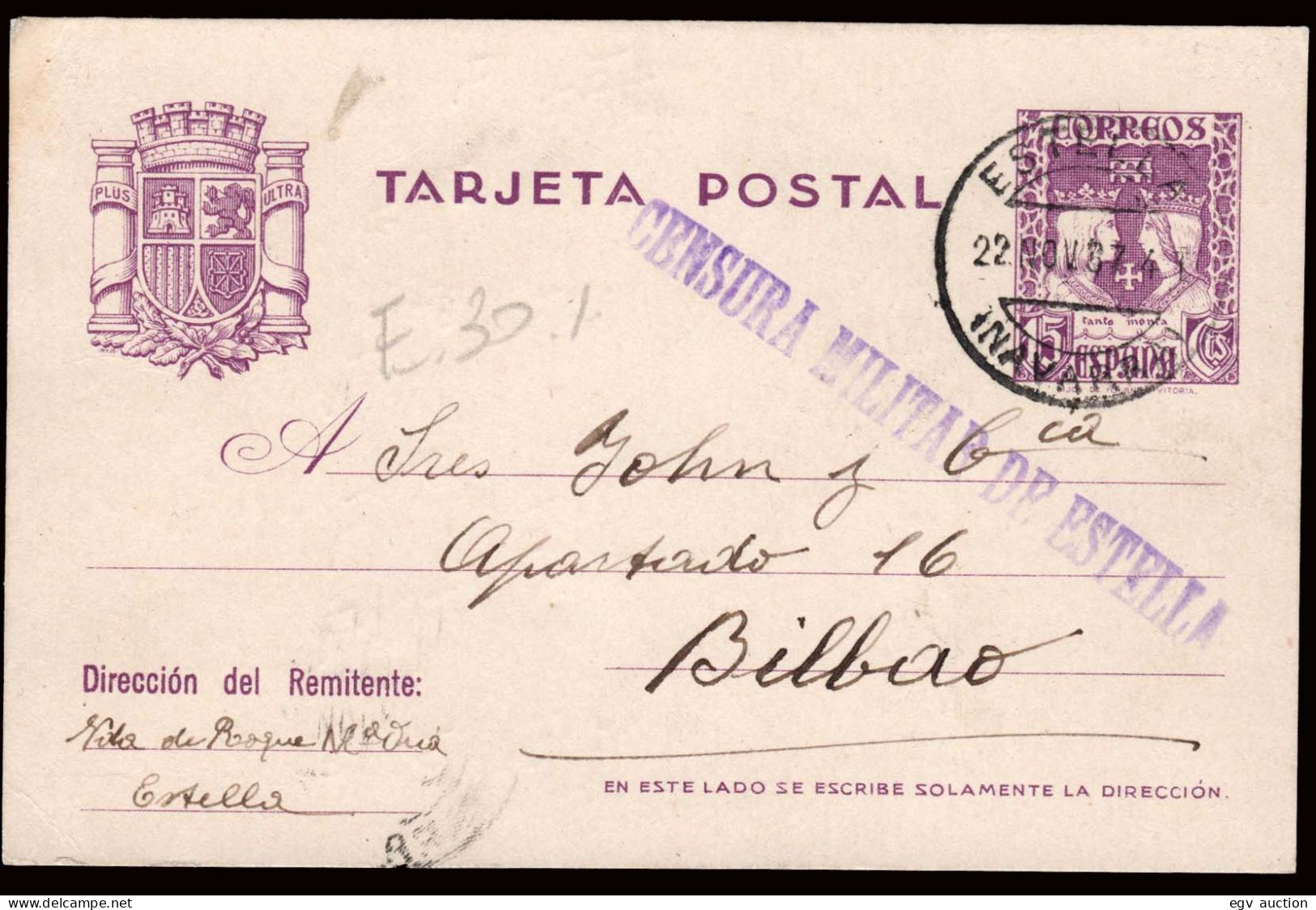 Navarra - Guerra Civil - Edi O EP 81 - Entero Postal Mat "Estella 22/Nov./37" A Bilbao + Censura - 1931-....