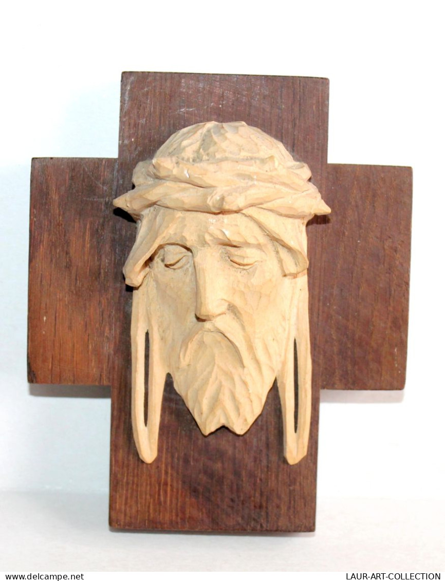 SCULPTURE PORTRAIT TETE DE JESUS CHRIST COURONNE D'EPINE, EN BOIS SUR CROIX 15cm / RELIGION ET ESOTERISME  (0901.10) - Religion & Esotérisme