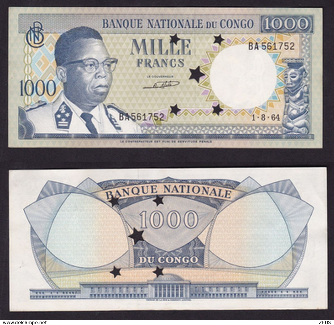 CONGO REPUBBLICA DEMOCRATICA 1000 FRANCHI 1964 ANNULLATA PIK 8 QFDS - Democratic Republic Of The Congo & Zaire