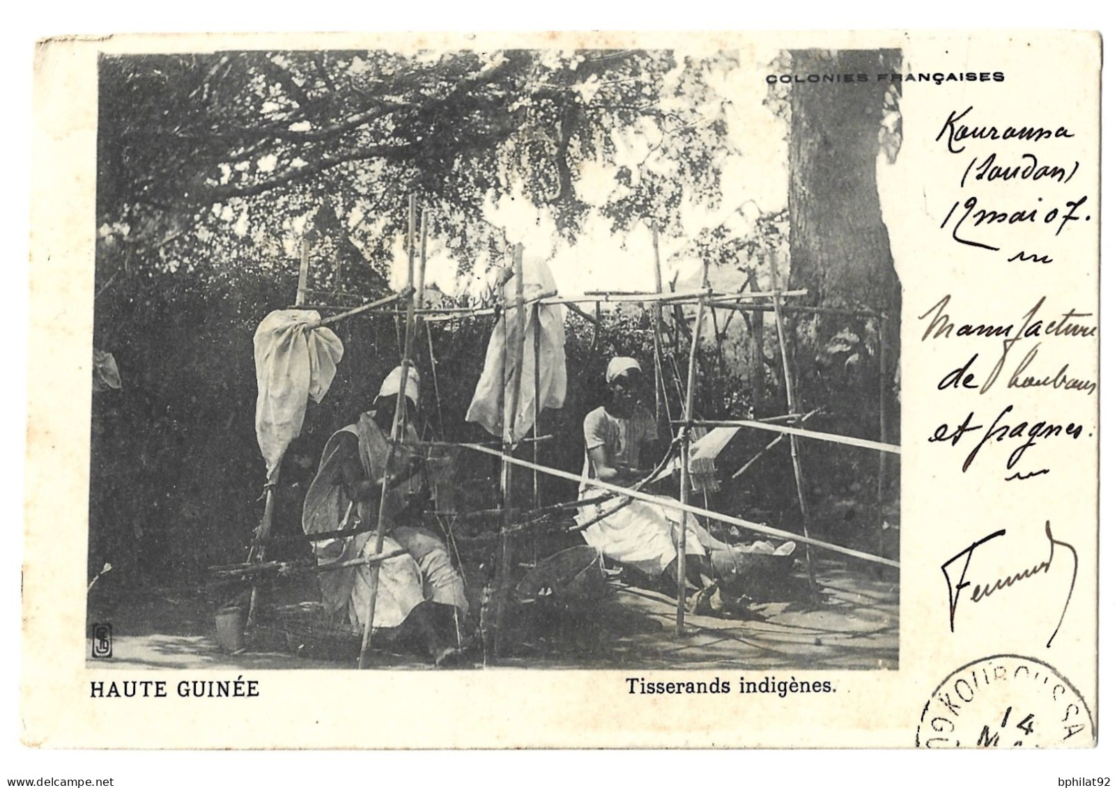 !!! CARTE POSTALE DE KOUROUSSA, GUINÉE FRANÇAISE, 1907, TISSERANDS INDIGÈNES - Lettres & Documents