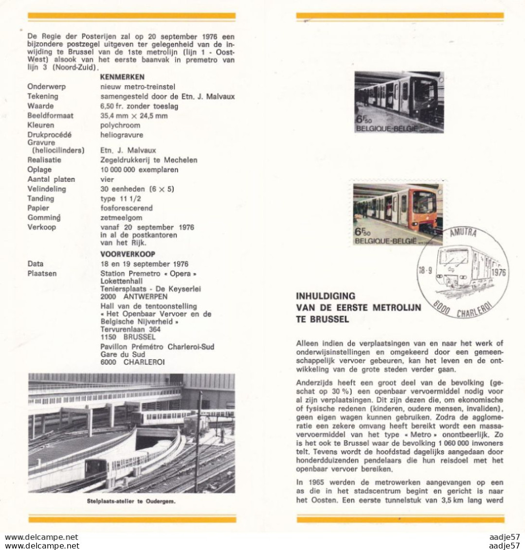 BBelgie Belgique Belgium 1976 Folder 1e Metrolijn Brussel Stempel Charleroi - Tram