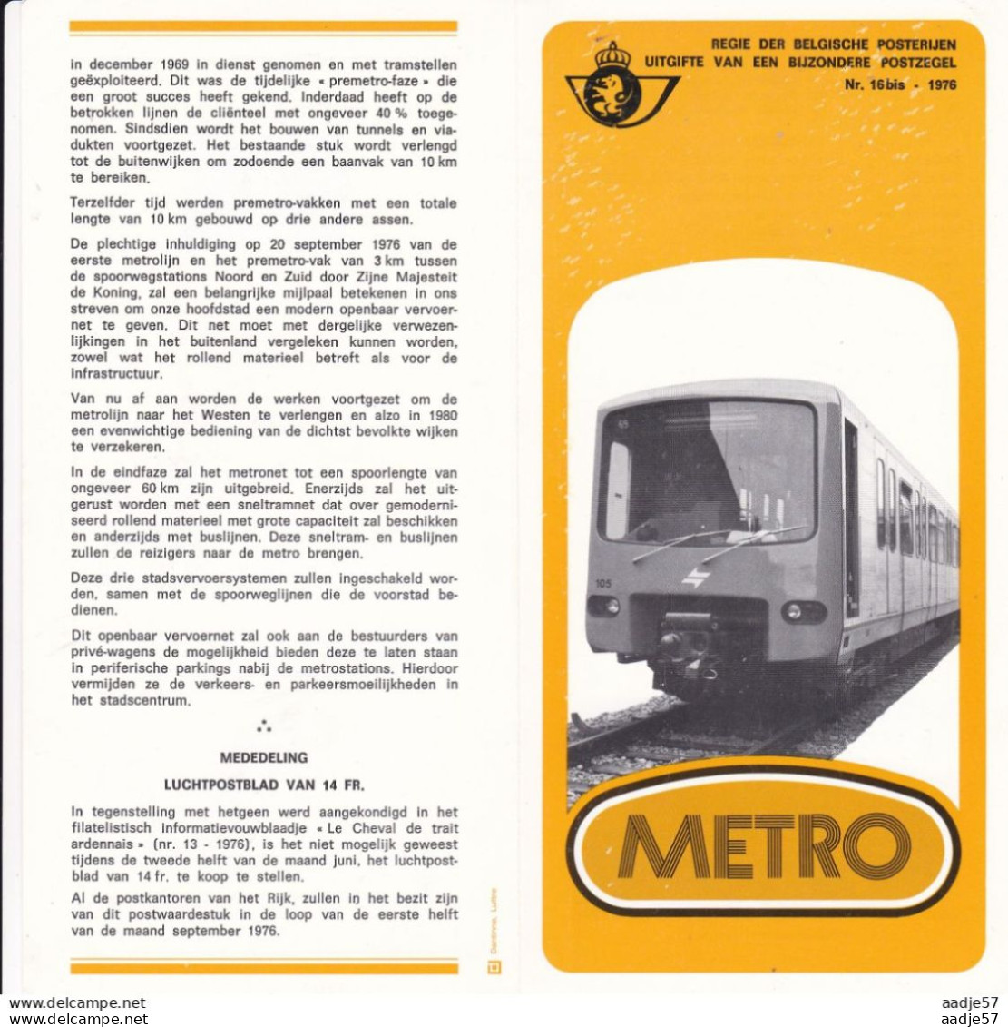 BBelgie Belgique Belgium 1976 Folder 1e Metrolijn Brussel Stempel Charleroi - Tramways