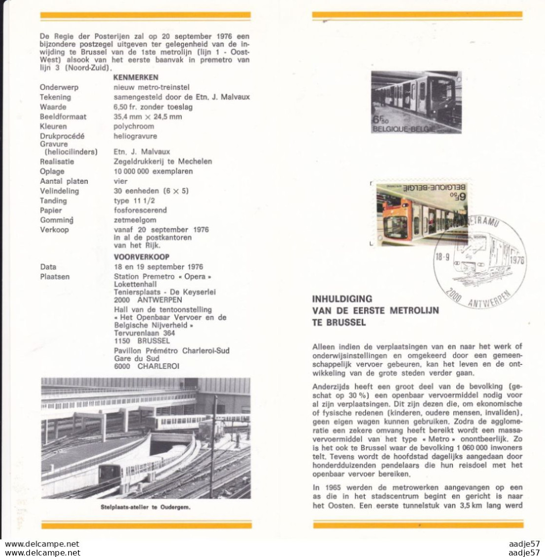 Belgie Belgique Belgium 1976 Folder 1e Metrolijn Brussel Stempel Antwerpen - Tramways