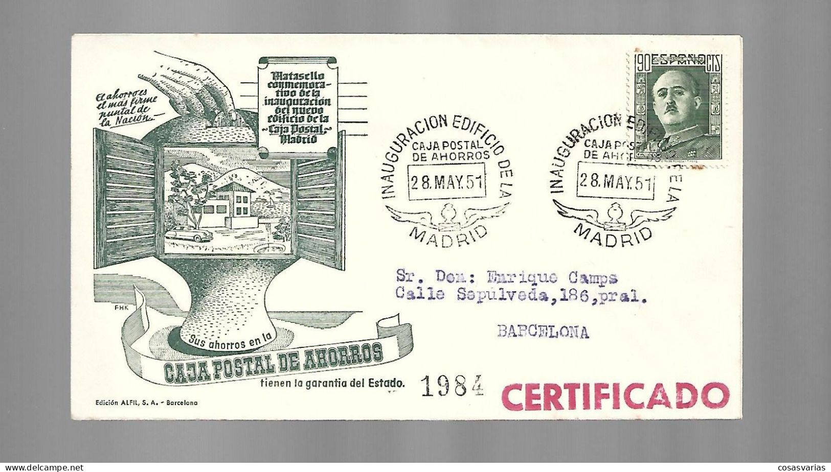 CERTIFICADO MATASELLO INAGURACIÓN EDIFICIO DE LA CAJA POSTAL MADRID ENTERO MATASELLO ESPECIAL CONMEMORATIVO LETTRE COVER - Feuillets Souvenir