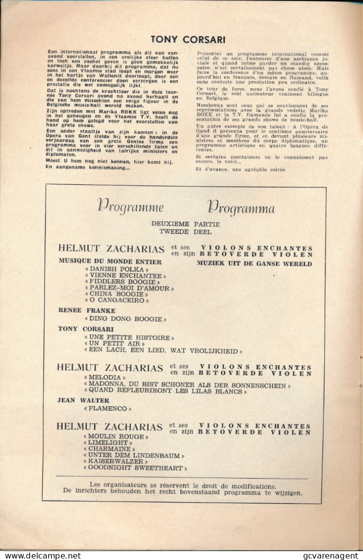 GENT 18 OKT 1955  K.OPERA -  BENELUX THEATER BUREAU 2 TALIG - 27 X 18 CM  VOIR SCANS  MET TONI CORSARI , H. ZACHARIAS, - Musique