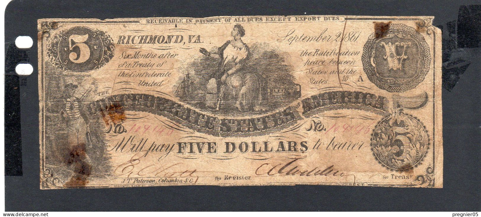 Baisse De Prix USA - Billet  5 Dollar États Confédérés 1861 B/VG P.019 - Devise De La Confédération (1861-1864)