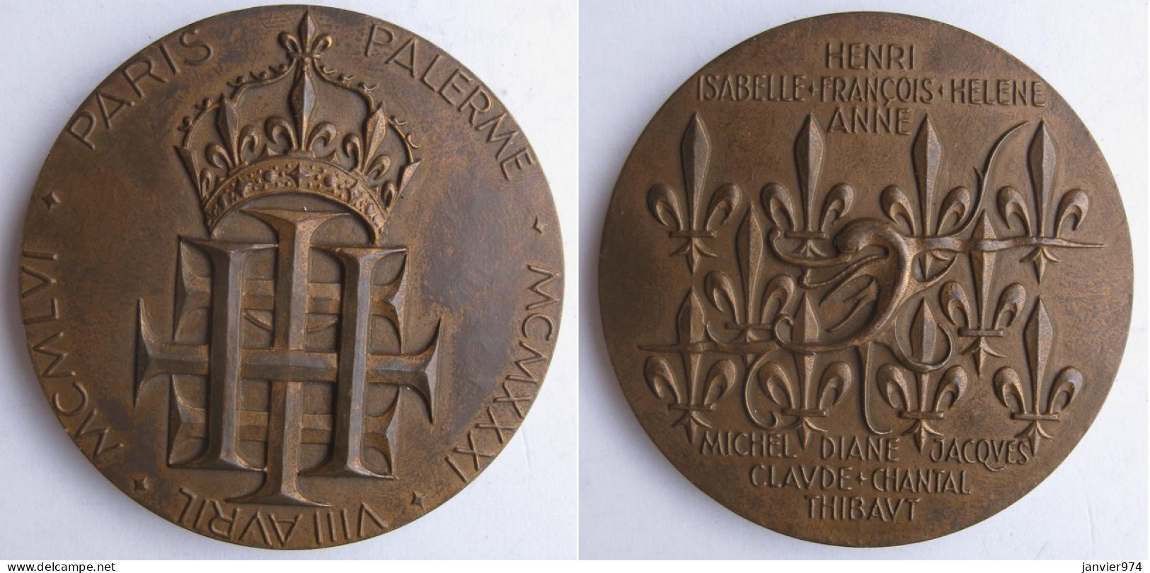 Medaille Paris Palerme 1956 , 25 Anniversaire De Mariage Du Comte Et De La Comtesse De Paris - Royaux / De Noblesse