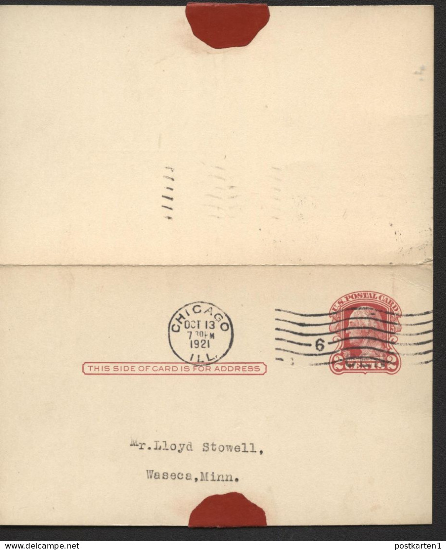 UY9-4 Postal Card With Reply CHICAGO Chicago IL - Waseca MN 1921 Cat.$12.00 - 1901-20