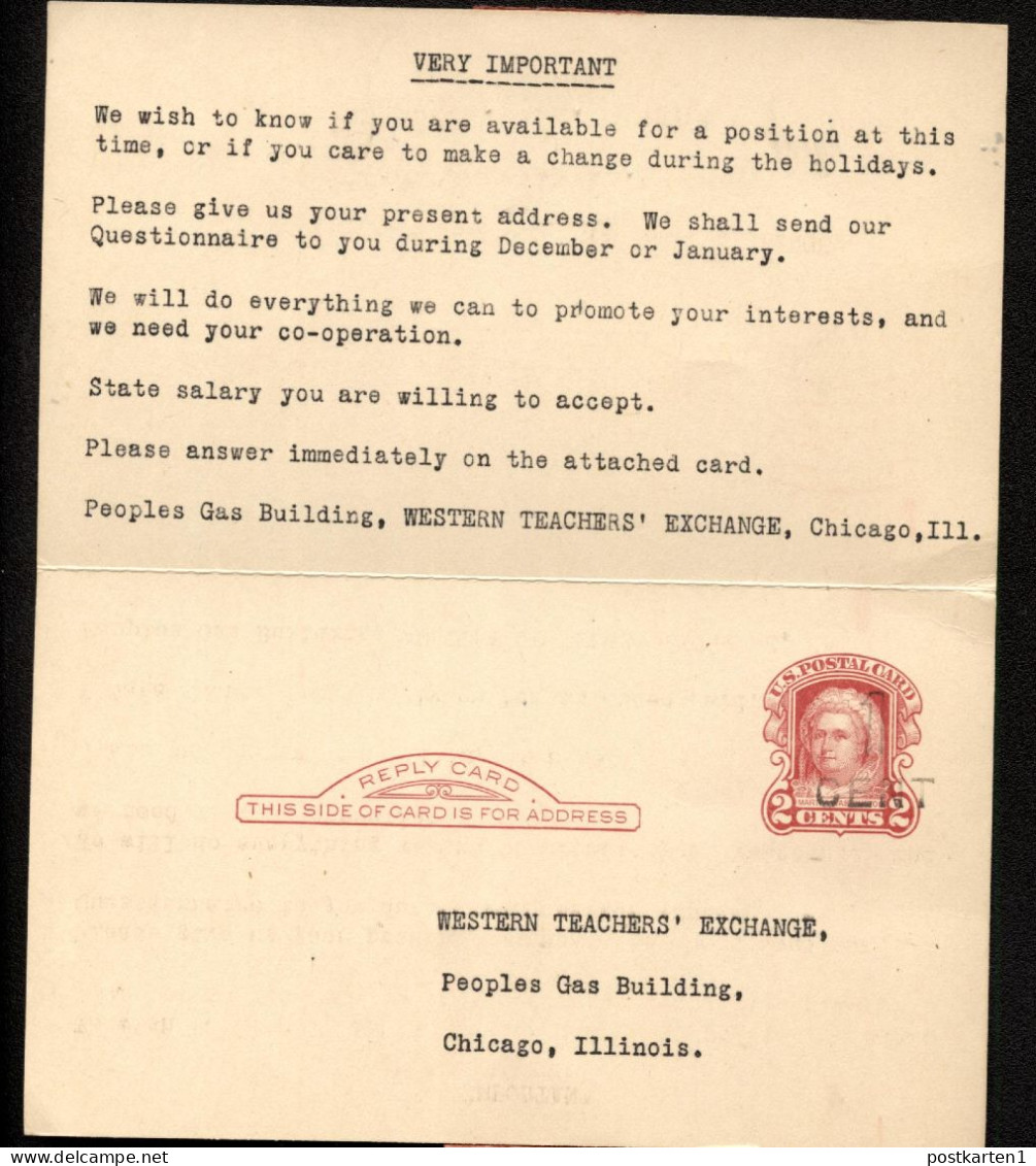 UY9-4 Postal Card With Reply CHICAGO Chicago IL - Waseca MN 1921 Cat.$12.00 - 1901-20