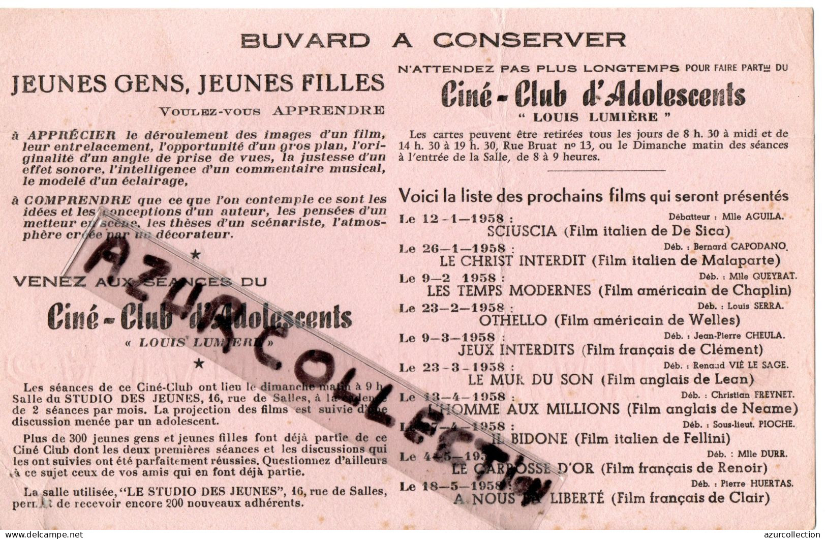 CINE CLUB D'ADOLESCENTS LOUIS LUMIERE . 1958 - Cinéma & Théatre