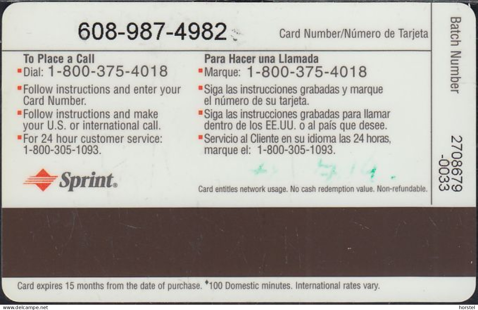 USA - Sprint Prepaid Calling Card - Spain - Sam's Club - 100 Minutes - Flag - Sprint