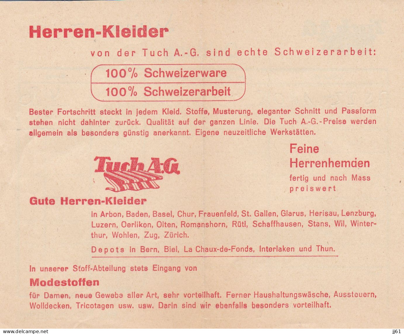 TUCH AG HERREN KLEIDER DOCUMENT PUBLICITAIRE SUISSE RECU ANNEE 1940 - Switzerland