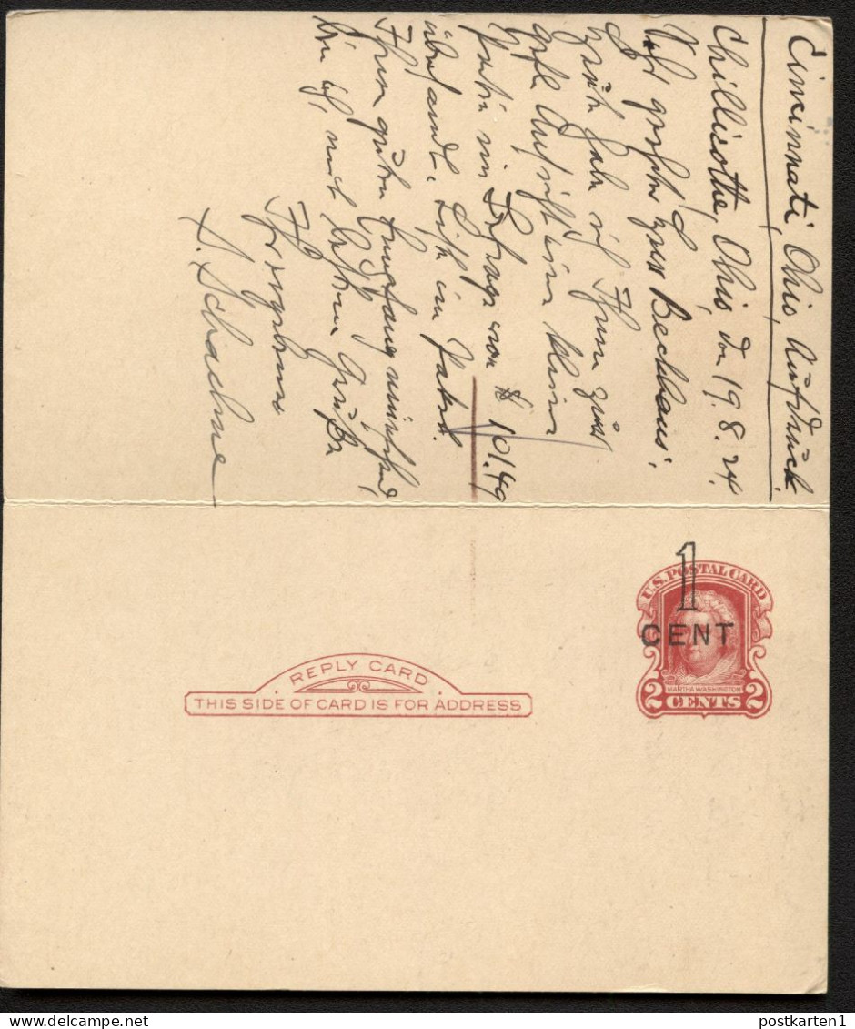 UY9-5 Postal Card With Reply CINCINNATI Chillicothe OH - GERMANY 1924 - 1901-20
