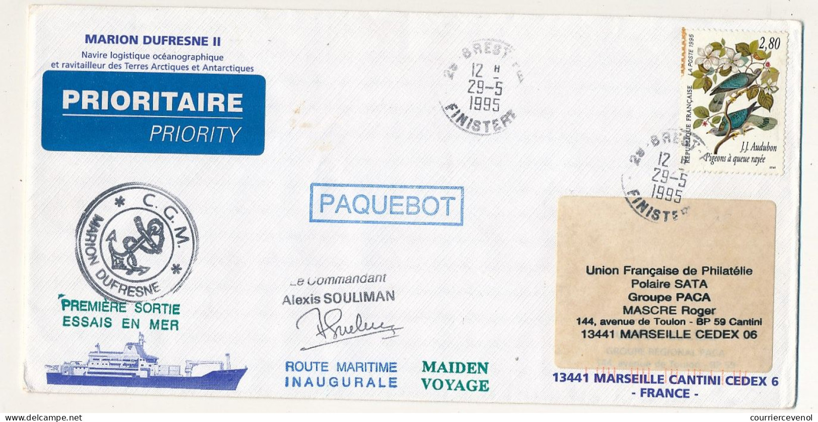 Enveloppe Affr 2,80 Audubon Obl Brest 29/5/1995 - Paquebot Marion Dufresne - Première Sortie Essais En Mer - Otros & Sin Clasificación