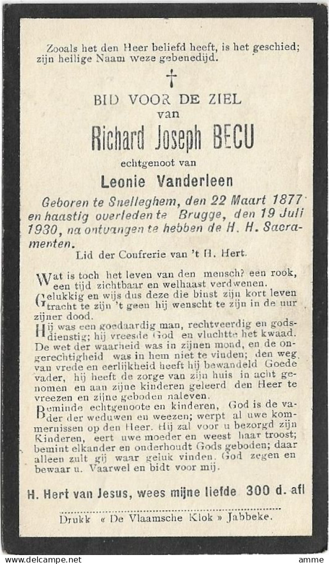 Doodsprentje  *  Becu Richard (° Snellegem 1877 / + Brugge 1930  ) X Vanderleen Leonie - Religion & Esotérisme