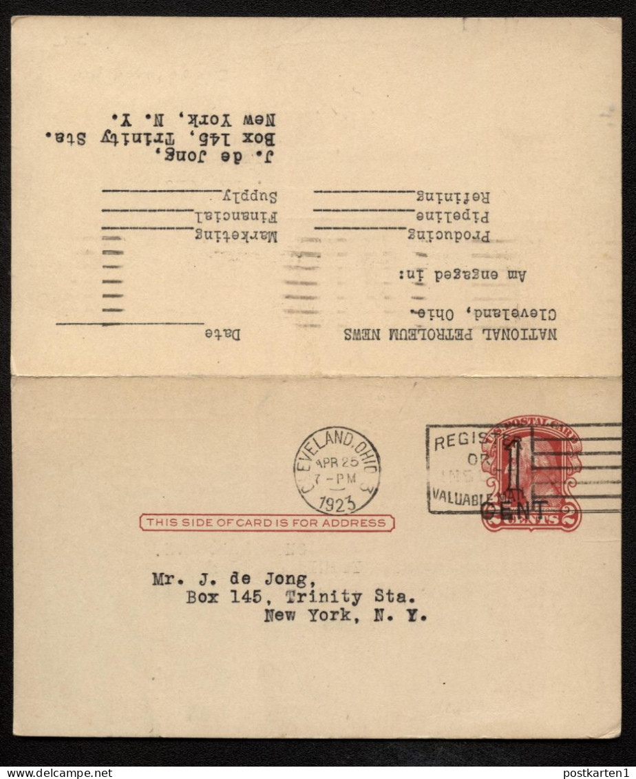 UY9-6 Postal Card With Reply CLEVELAND Cleveland OH - New York NY 1923 Cat.$13.50 - 1901-20