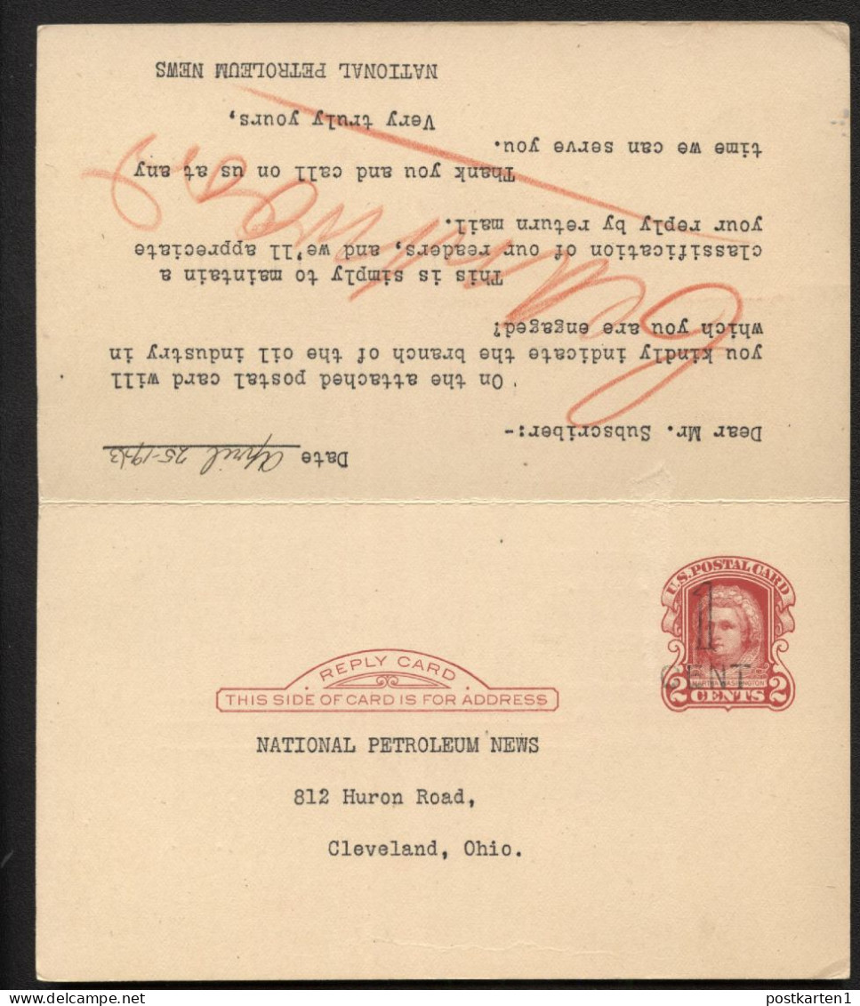 UY9-6 Postal Card With Reply CLEVELAND Cleveland OH - New York NY 1923 Cat.$13.50 - 1901-20