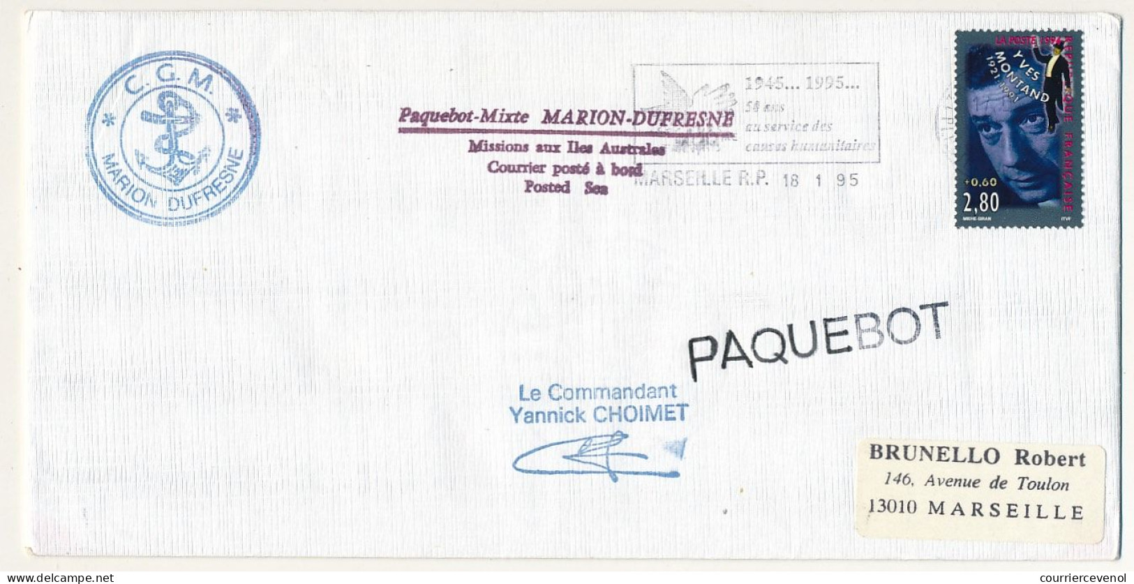 Enveloppe Affr 2,80 Yves Montand OMEC Marseille RP 18/1/1995 - Paquebot Mixte Marion Dufresne - Courrier Posté à Bord - Brieven En Documenten