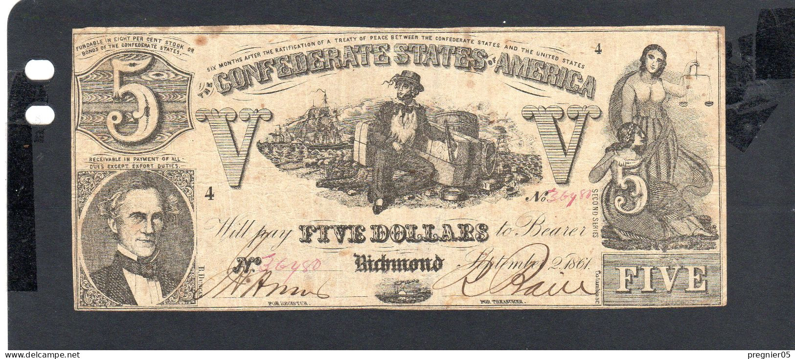 USA - Billet  5 Dollar États Confédérés 1861 TB/F P.020 - Valuta Della Confederazione (1861-1864)