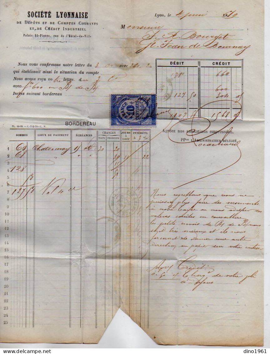 VP22.907 - 1879 - Bordereau - Société Lyonnaise De Dépôts Et De Comptes Courants à LYON Pour SAINT JEAN DE BOURNAY - Bank En Verzekering