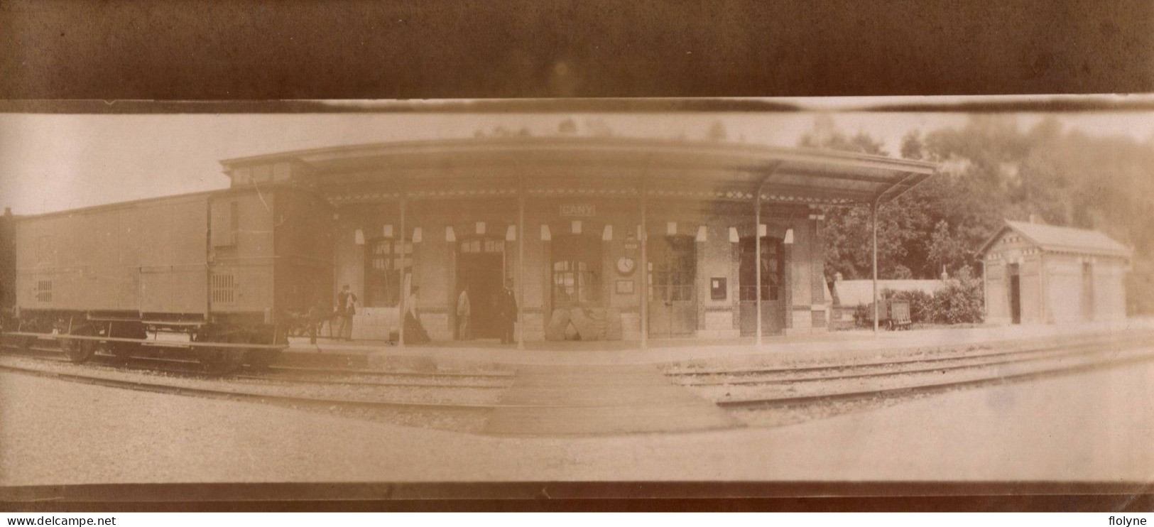 Cany Barville - Photo Ancienne Albuminée Panoramique - Vue Sur La Gare - La Ligne Du Chemin De Fer - Wagon - 8x18 Cm - Cany Barville