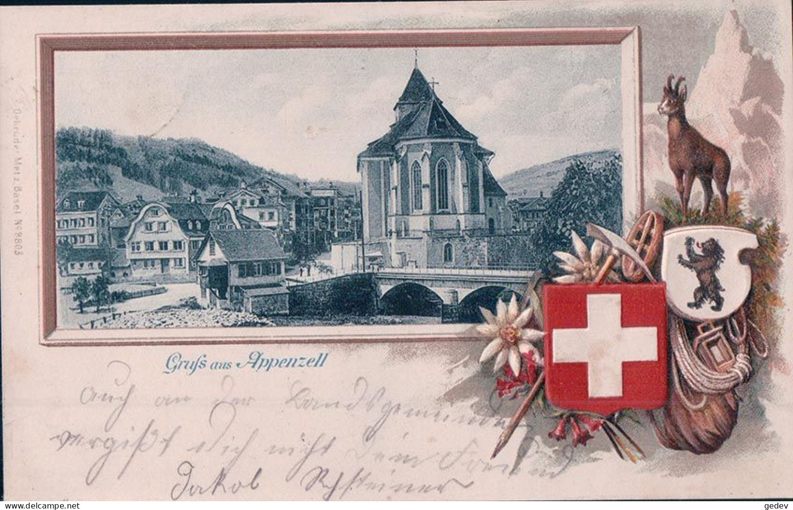 Gruss Aus Appenzell, Cadre Avec Armoiries, Chamois, Edelweiss Et Pactage D'alpiniste, Litho Gaufrée (8803) - Appenzell