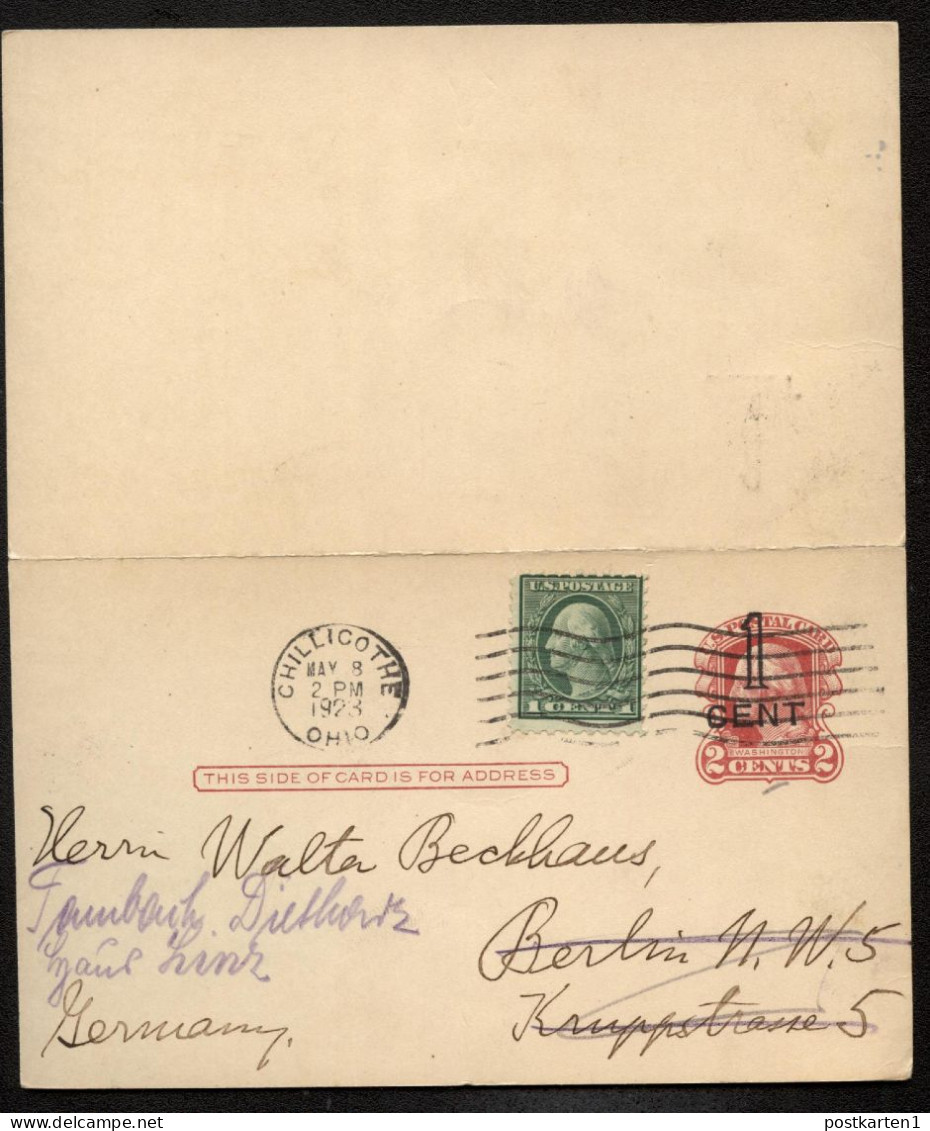 UY9-11 Postal Card With Reply PHILADELPHIA Chillicothe OH To GERMANY 1923 FORWARDED - 1901-20