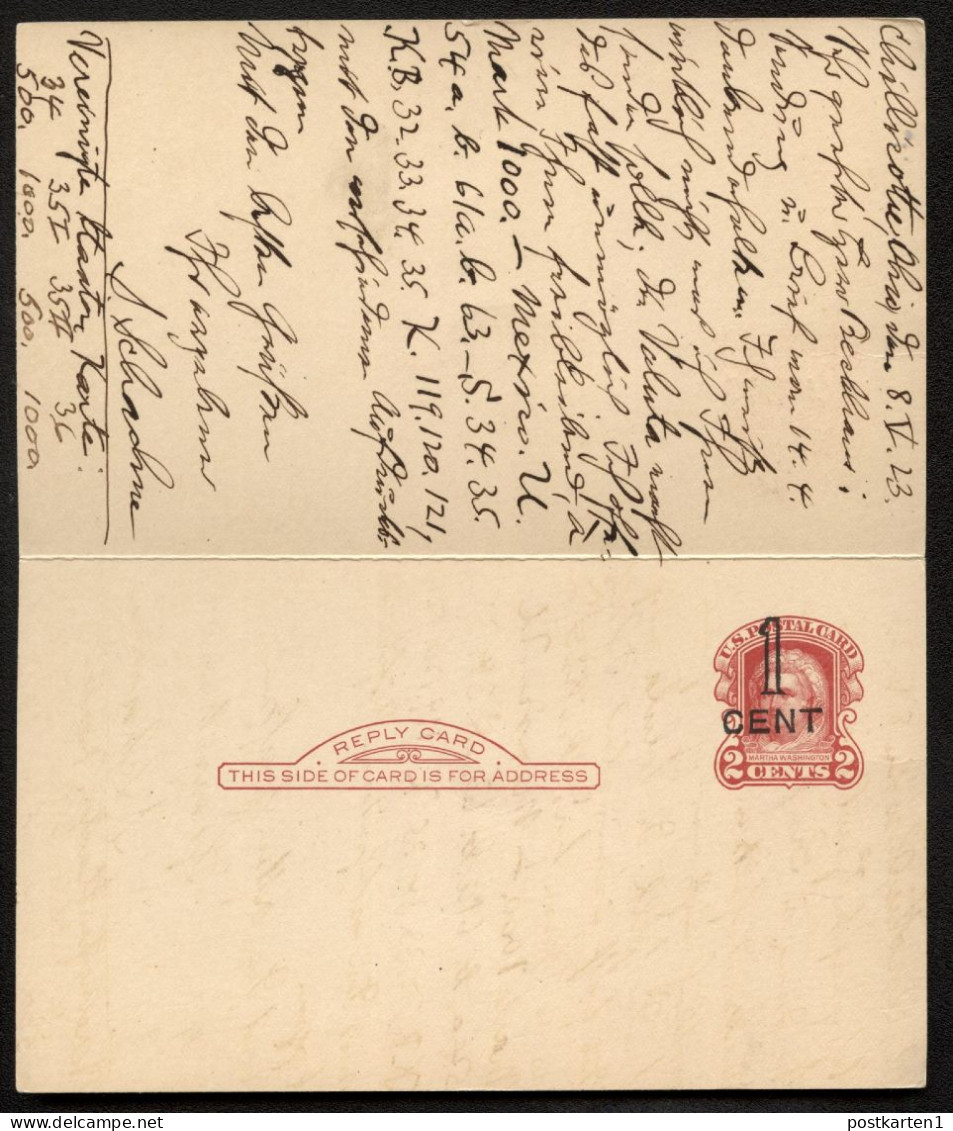 UY9-11 Postal Card With Reply PHILADELPHIA Chillicothe OH To GERMANY 1923 FORWARDED - 1901-20