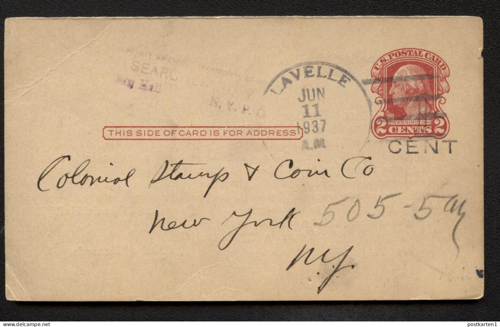 UY9m-2 Postal Card BALTIMORE Lavelle PA - New York NY 1937 - 1901-20