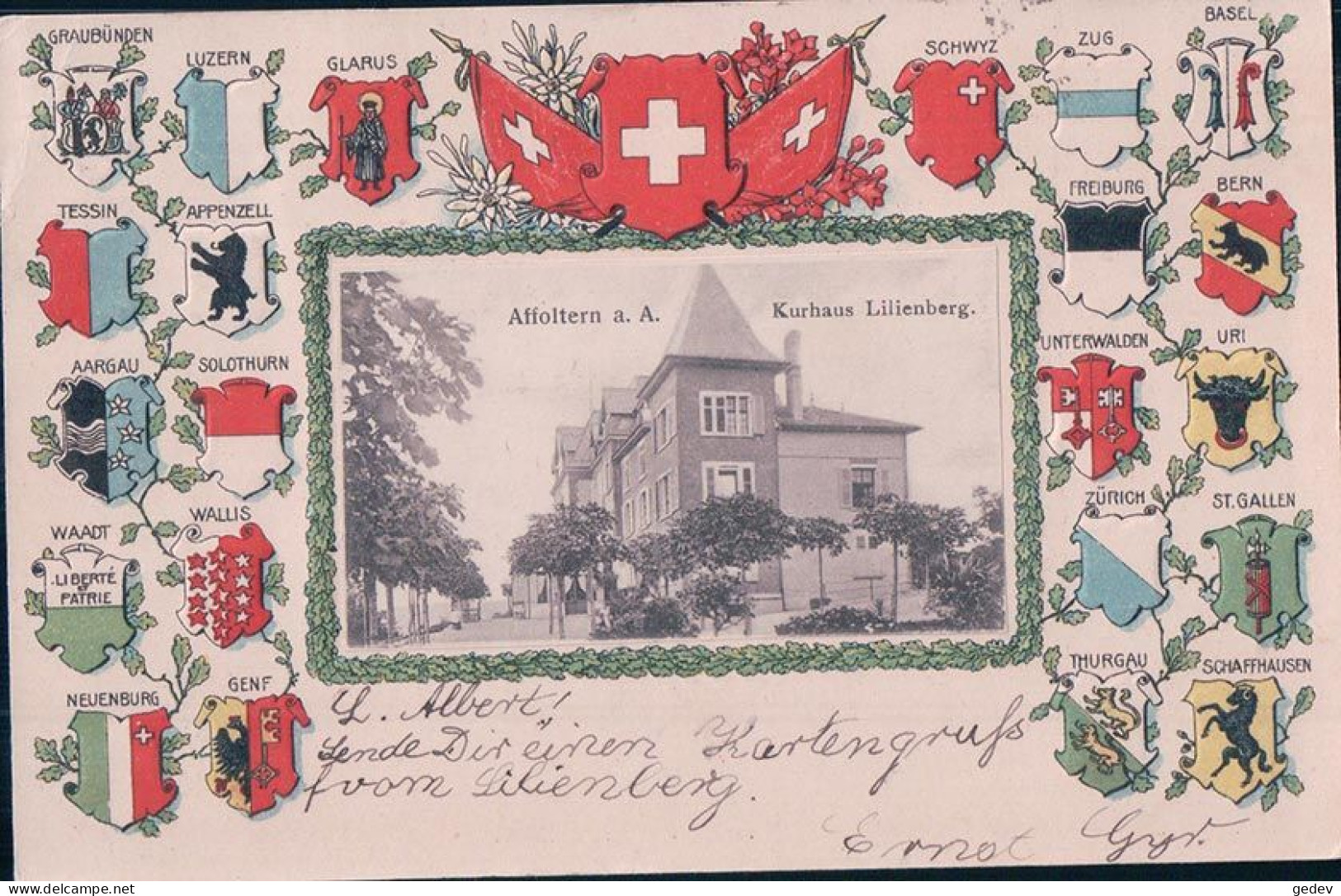 Affoltern A. Albis, Kurhaus Lilienberg, Armoiries Des Cantons, Cadre Litho Gaufrée (4.8.1905) - Affoltern Am Albis