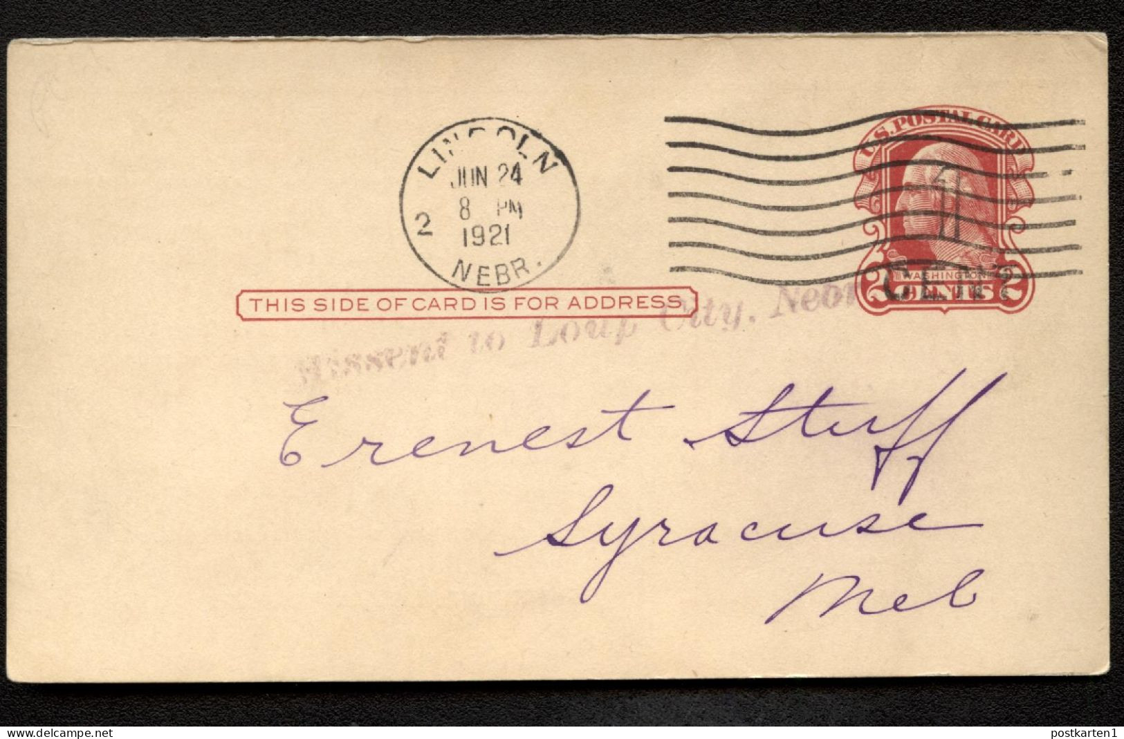 UY9m-4 Postal Card CHICAGO Lincoln NE - Syracuse NE 1921 MISSENT TO LOUP CITY NE - 1901-20