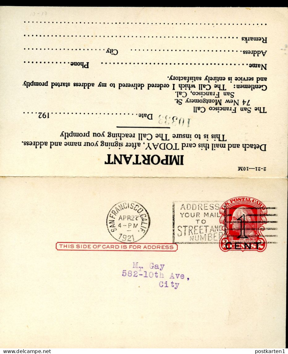 UY10 Postal Card With Reply PRESSPRINT SAN FRANCISCO Used 1921 Cat.225.00 - 1901-20