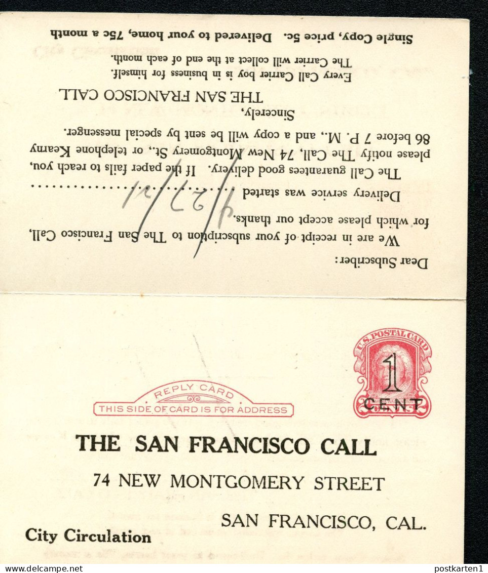 UY10 Postal Card With Reply PRESSPRINT SAN FRANCISCO Used 1921 Cat.225.00 - 1901-20
