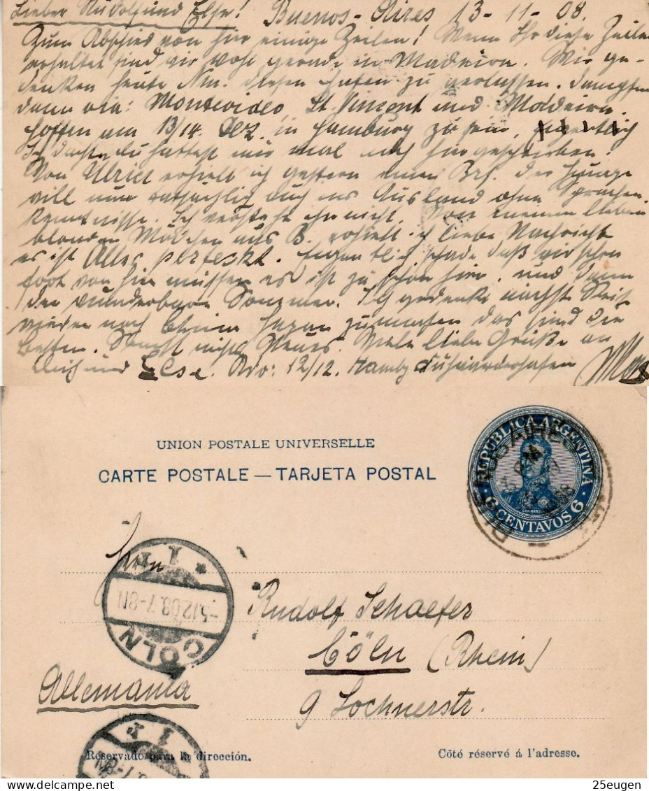 ARGENTINA 1908 POSTCARD SENT TO KOELN - Briefe U. Dokumente