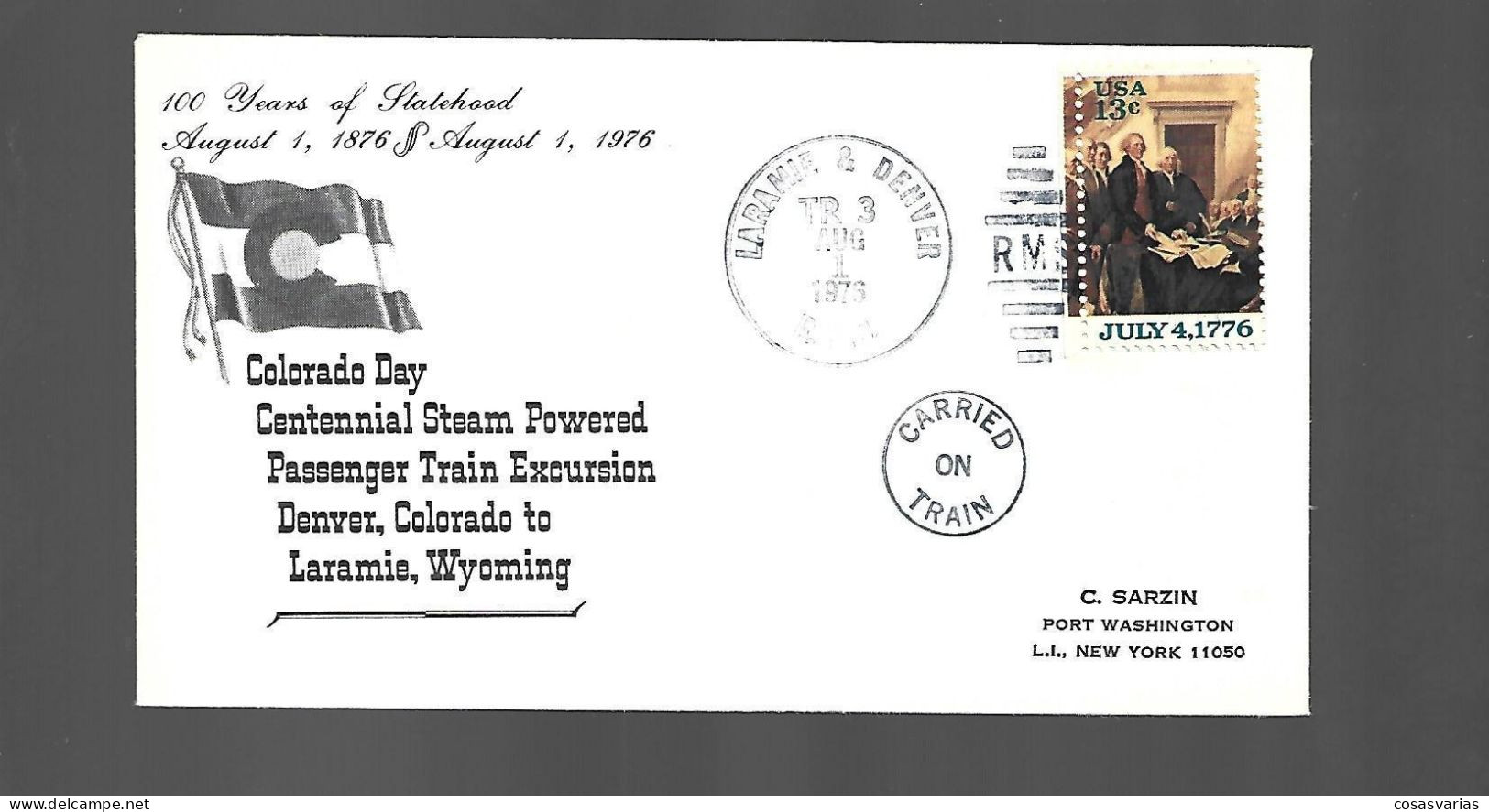TRAIN POST COLORADO DAY LARAMIE DENVER 1976 FIRST DAY OF ISSUE PREMIER JOUR EMISSION - 1961-1970