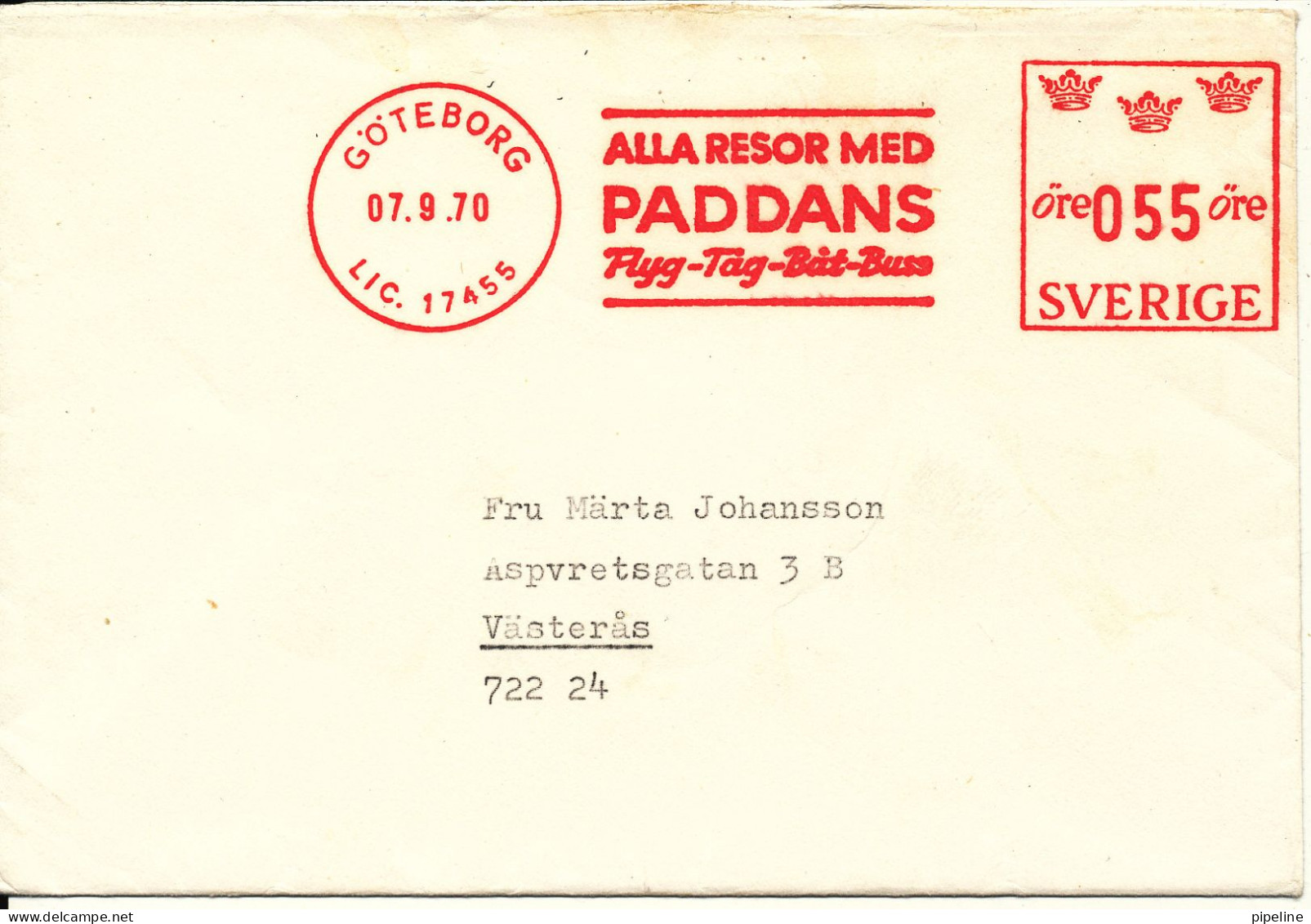 Sweden Cover With Meter Cancel Göteborg 7-9-1970 (Alla Resor Med PADDANS Flyg-Tag-Bat Buss) - Storia Postale