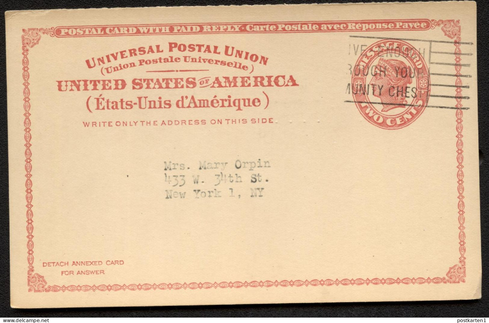 UY11m Message Card Burlington VT - New York NY 1924 - 1921-40