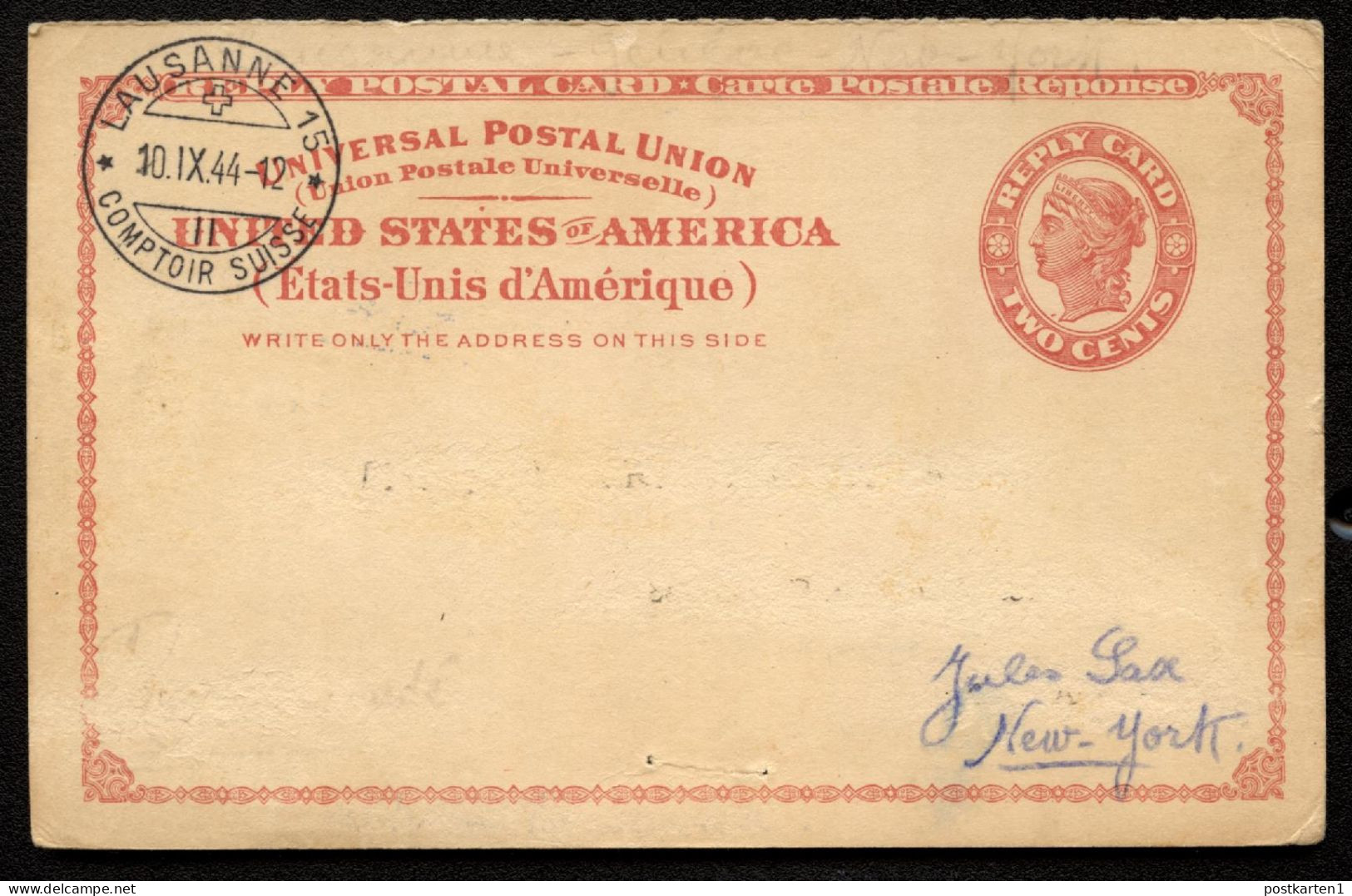 UY11r Reply Card Lausanne SWITZERLAND - New York NY 1944 - 1921-40