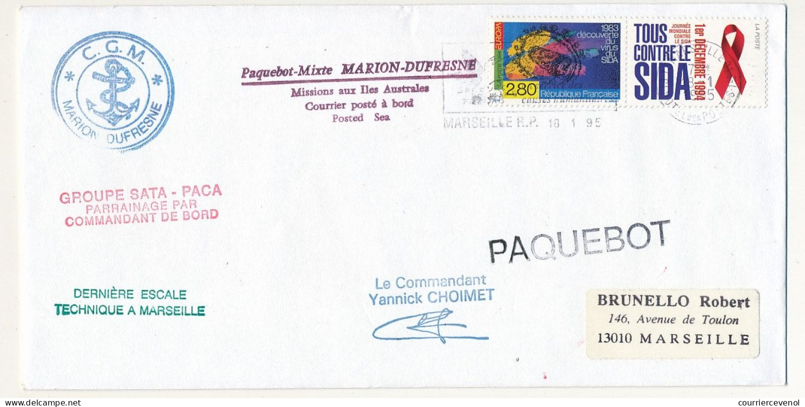 Enveloppe Affr 2,80 SIDA OMEC Marseille RP 18/1/1995 - Paquebot Mixte Marion Dufresne - Courrier Posté à Bord - Covers & Documents
