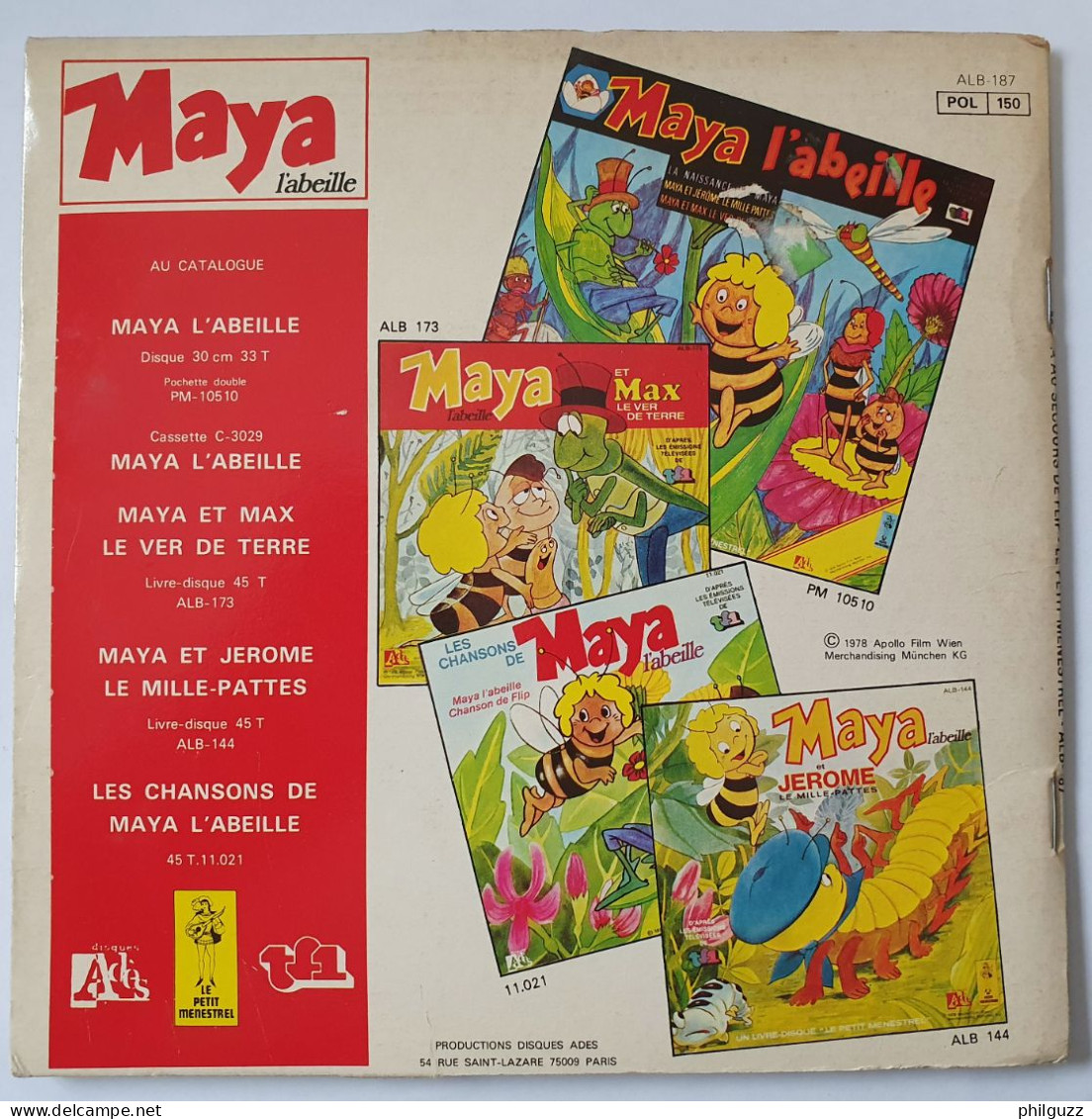 Disque Vinyle 45T MAYA L'ABEILLE ET JEROME LE MILLE-PATTE ADES ALB144 1978 - Records