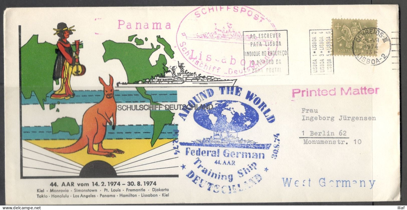 Portugal.   Federal German Training Ship “Deutschland” 1974. Around The World.    Special Cancellation On Special Cover. - Covers & Documents